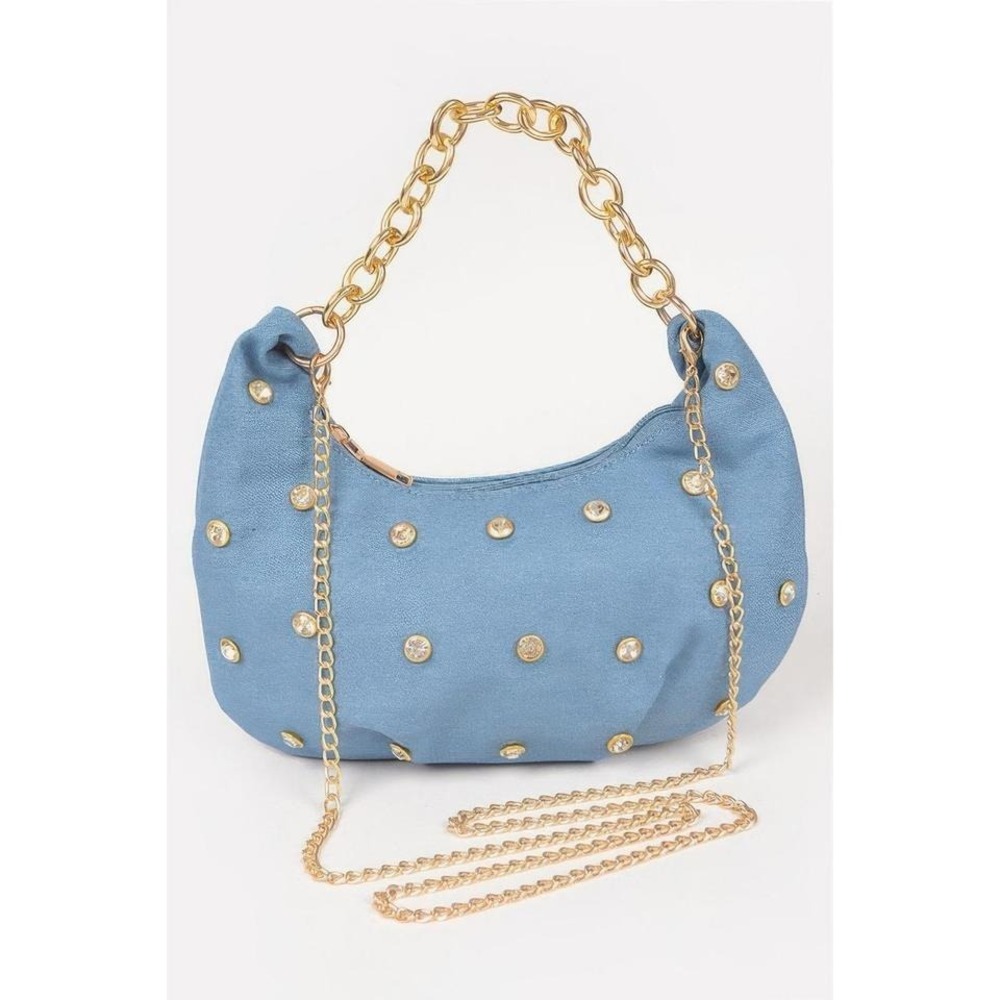 Sparkle Denim Shoulder Bag Rhinestone Chain Evening Party Purse‎